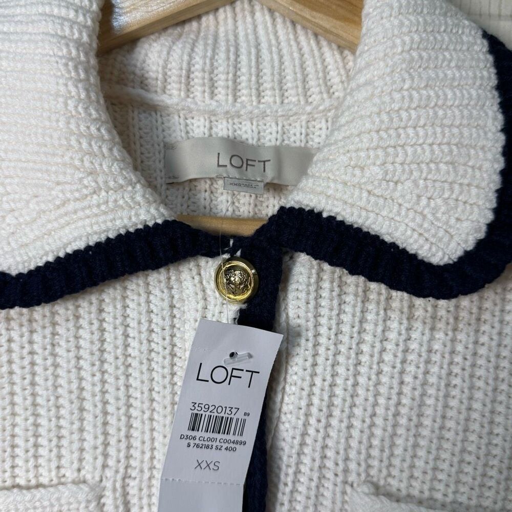 Loft tipped ribbed sweater jacket cream‎ navy blue trim  xxs - Picture 7 of 11
